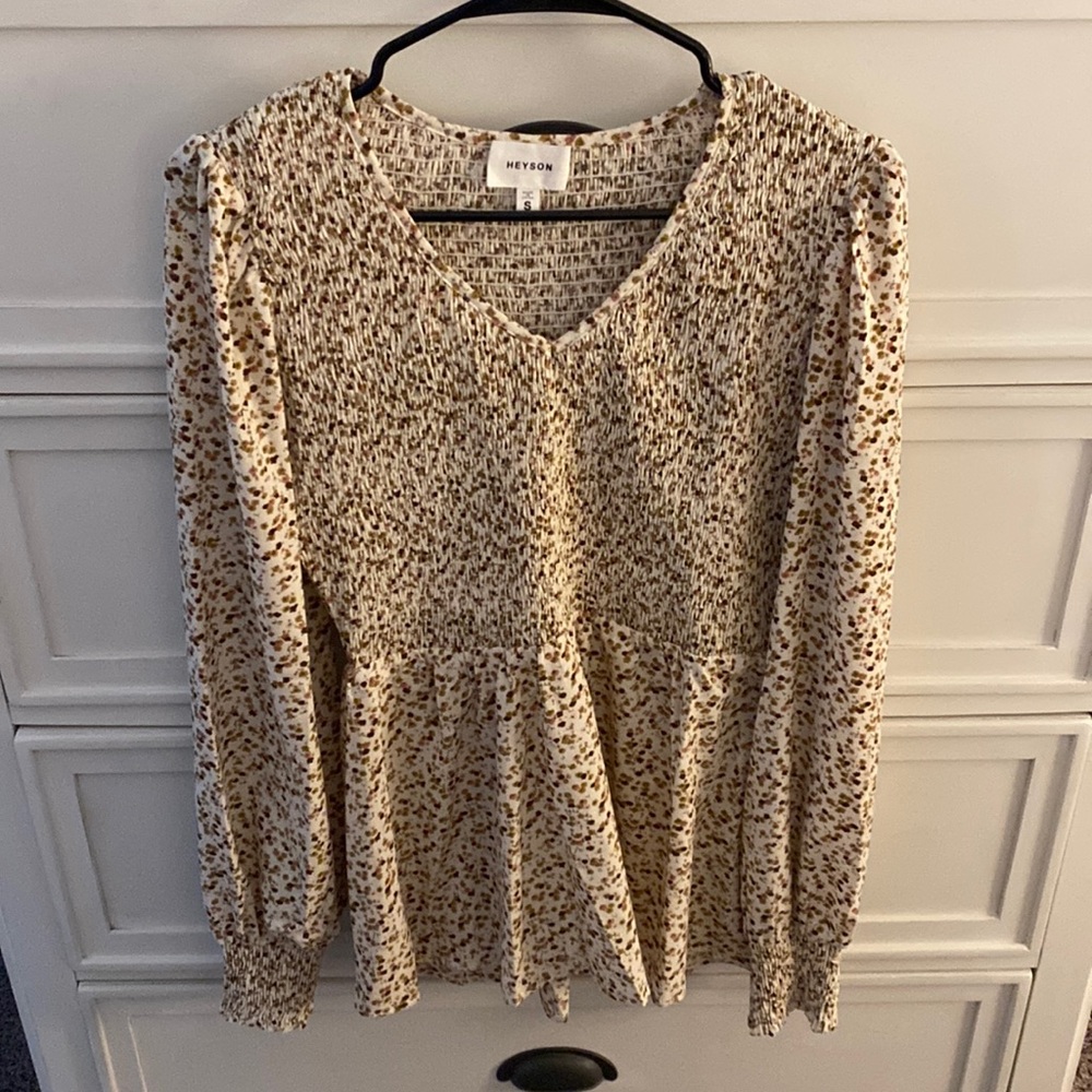 Heyson smocked long sleeve blouse - Size small - cream/floral